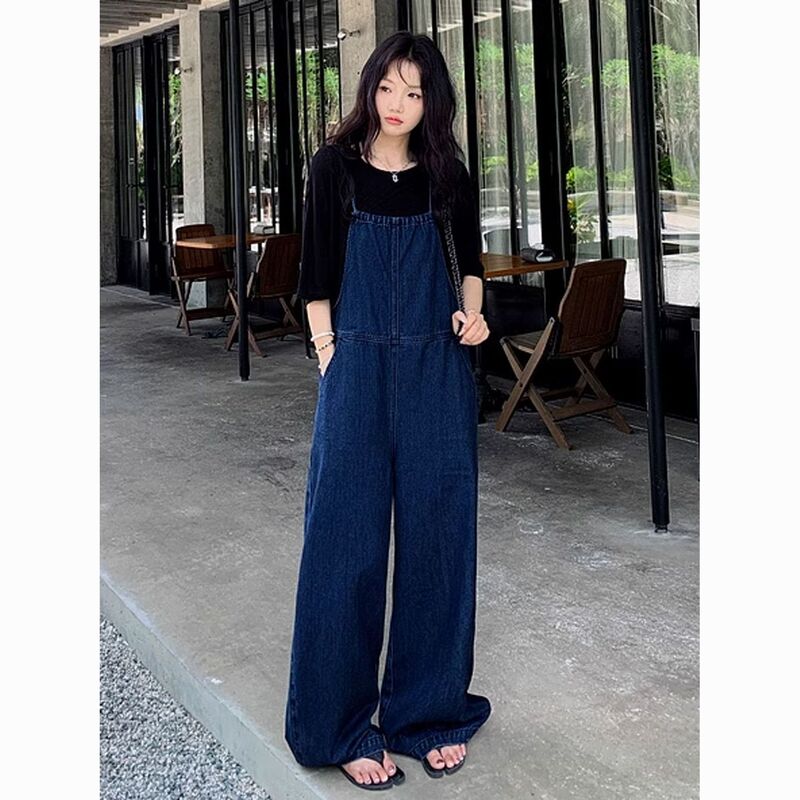 Women's Denim Overalls 2026 Summer Thin Strap Design Loose Wide-Leg Pants Retro Straight-Leg Trendy Jumpsuit