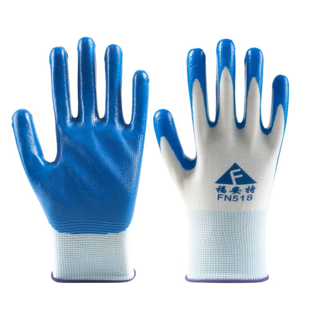 Guantes de nitrilo de 13 agujas con látex grueso resistente al desgaste para el sitio de construcción confortable transpiración guante de protección laboral azul blanco