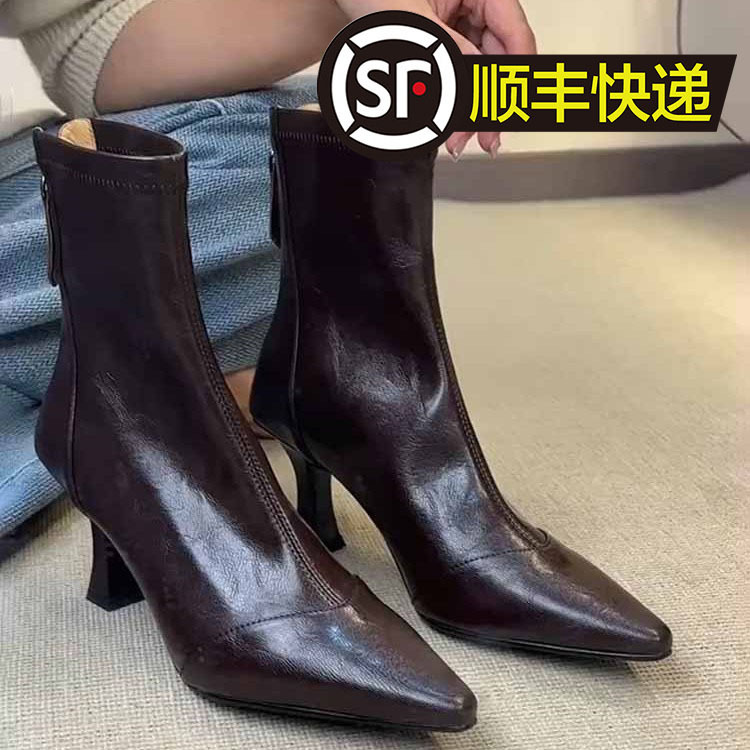 牛皮版~高跟尖头短靴法式细跟弹力靴女百搭软皮拉链真皮瘦瘦靴|undefined