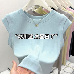 夏の新しいラウンドネックフライングスリーブブルーコットンTシャツレディースデザインニッチスリムアウターマスクトップトレンディ