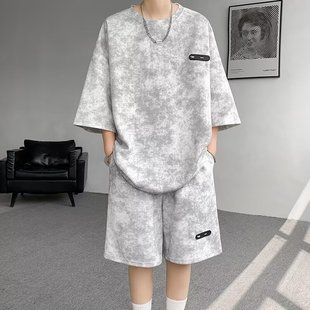 Tie-dyed Letter 150.00kg Wearing Short-sleeved suit Summer Lazy Style T-shirt Shorts Two-piece Summer plus size Clothing