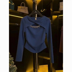 德絨保暖純色褶皺鏤空圓領長袖恤女2025年冬季新款時尚打底衫