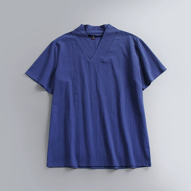 Свободная мужская футболка больших размеров с v-образным вырезом в стиле шинуазри, льняная футболка с короткими рукавами, мужская новая футболка в стиле шинуазри из хлопка и льна с половиной рукава