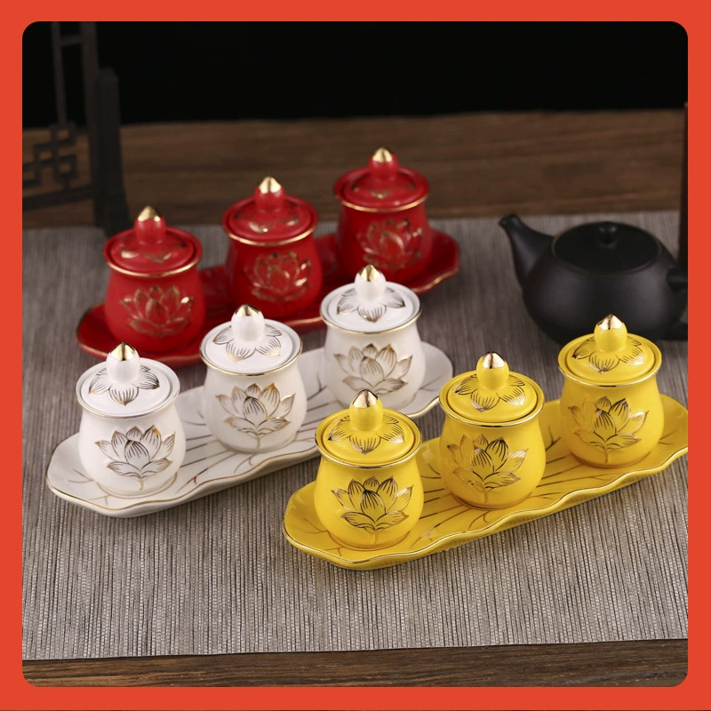 Чашка для очистки воды, чашка для подношения Будды Гуаньинь с золотой покраской, принадлежности для лотоса ✅ Ручная роспись рельефная керамическая чаша для святой воды W18