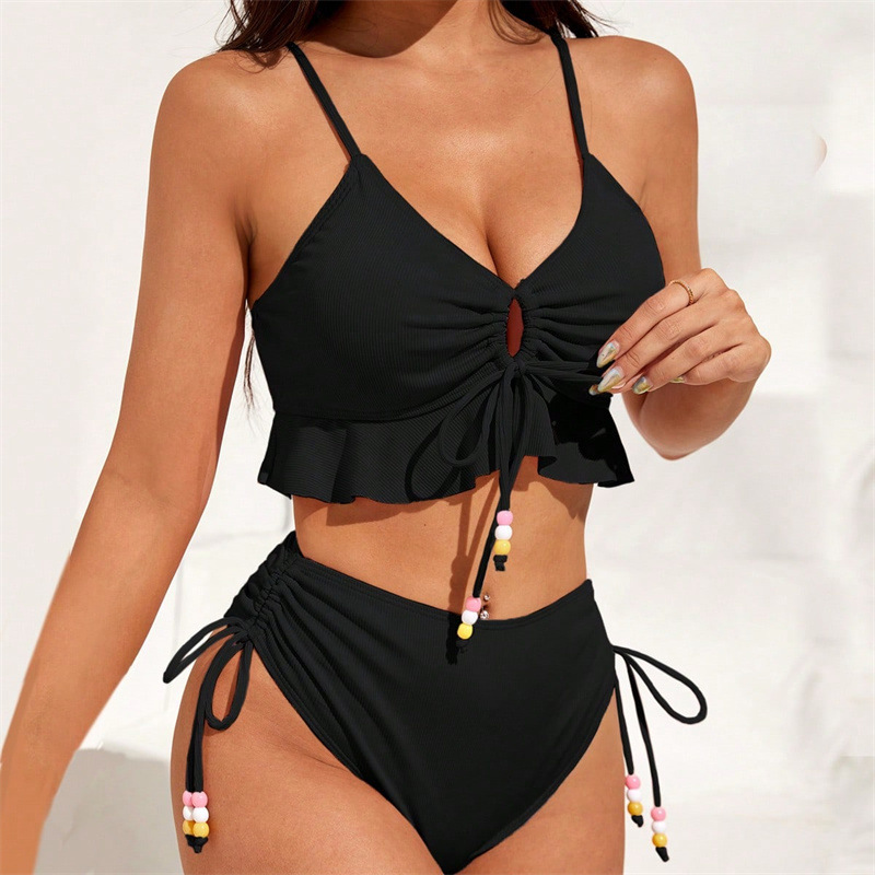 2024 European and American New Pure Color Split Swimsuit Female Sexy Beautiful Back Suspender Bikini Hot Spring Style Export Bikini