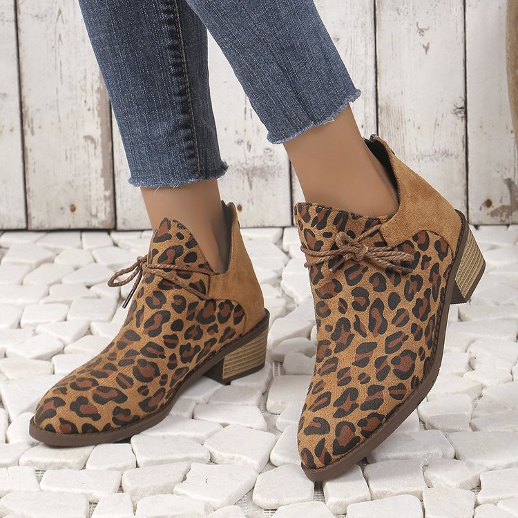 Große größe leopard print niedrigen ferse spitze kurze stiefel weibliche herbst und winter neue ein fuß steigbügel_voghion.com