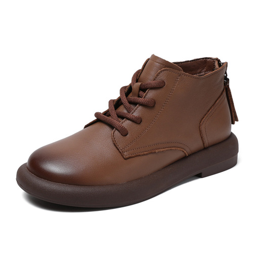 First-layer cowhide flat-bottom round-toe retro brown sassafras color high-top single-layer leather nude boots casual and versatile autumn and winter women's cotton shoes