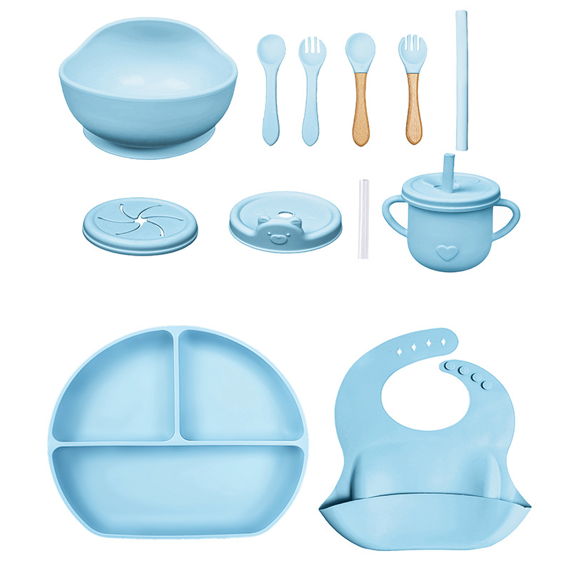Conjunto de cubiertos para niños tazón de alimentos suplementarios platos de silicona tazón de cuchara de tenedor bib taza de agua de grado alimenticio para bebés alimentación suplementaria