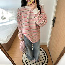 简约通勤粉色条纹长袖t恤女春秋季宽松休闲韩系vintage学院风上衣