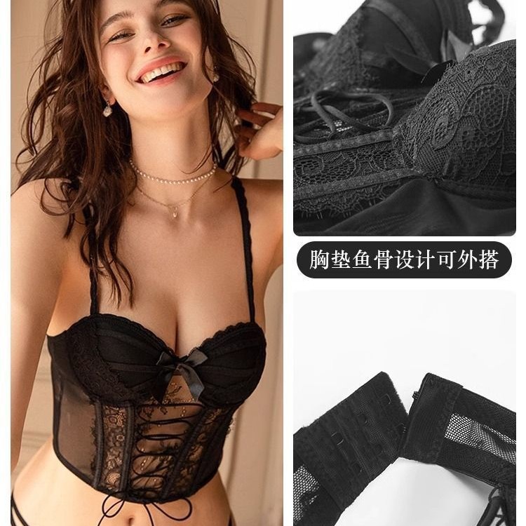 Sexy lingerie de mujer correa de encaje pequeño pecho agrupado fuera de vestir un sujetador puro deseo de cinturón chaleco tipo bracelet hueso de pescado