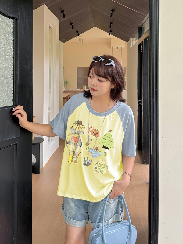 Shuangtian 2025 夏の女性のファット mm プラスサイズ痩身 100kg ラグランスリーブ漫画プリント T シャツ 9019|undefined