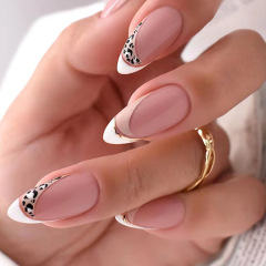 Simple leopard print French almond nails European and American ins style sweet light luxury manicure slices finished products wholesale wearable nails