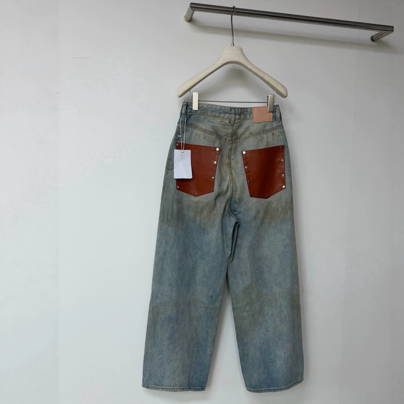 Ac Wind Studios Unisex 1981 Vintage Leather Pocket Loose Distressed Denim Wide-Leg Pants Long Pants Ac Wind Studios Unisex 1981 Vintage Leather Pocket Loose Distressed Denim Wide-Leg Pants Long Pants
