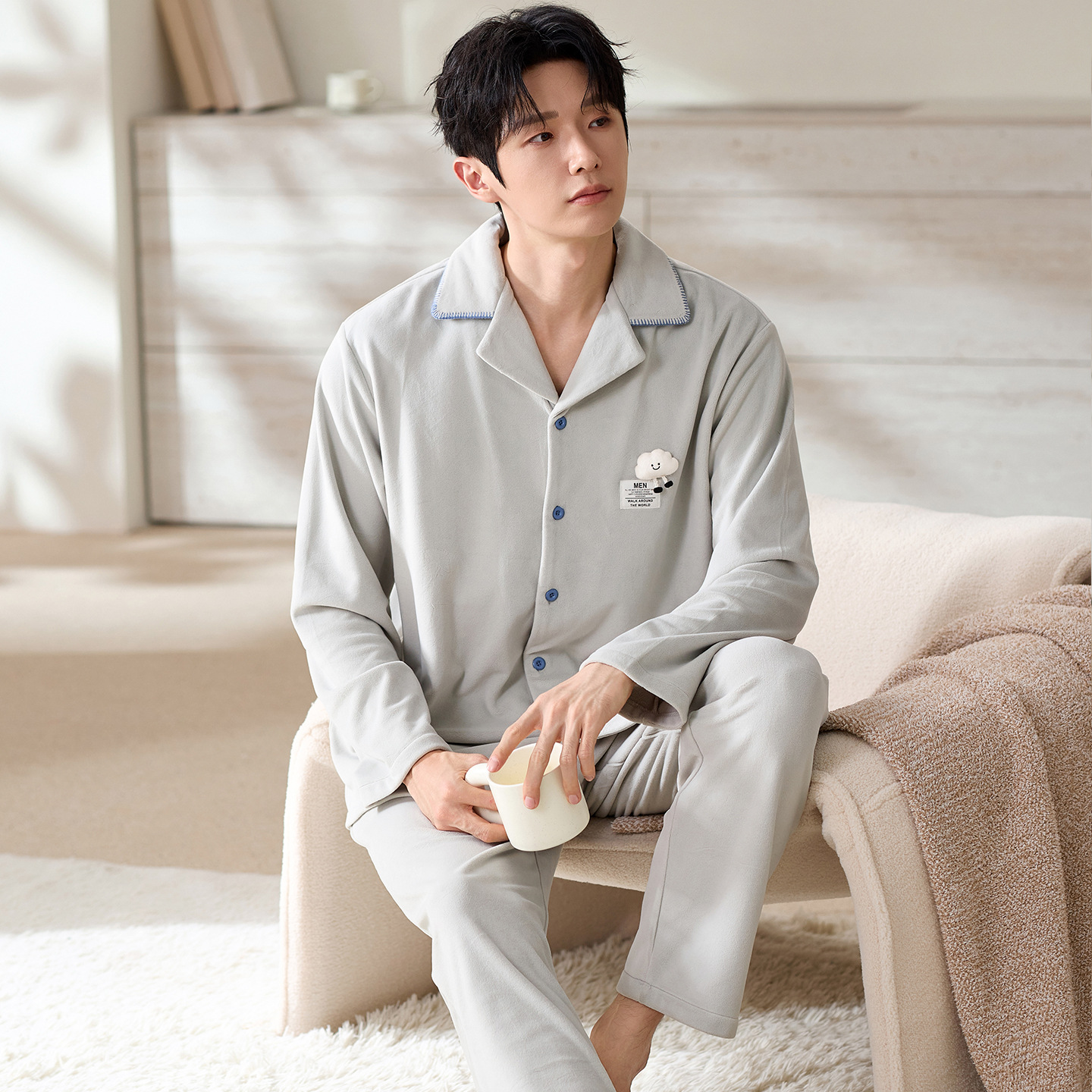 Men's Island Velvet Thickened Warm Pajamas Autumn and Winter Long-Sleeved Cardigan Men's Coral Velvet Loose Casual Home Clothes