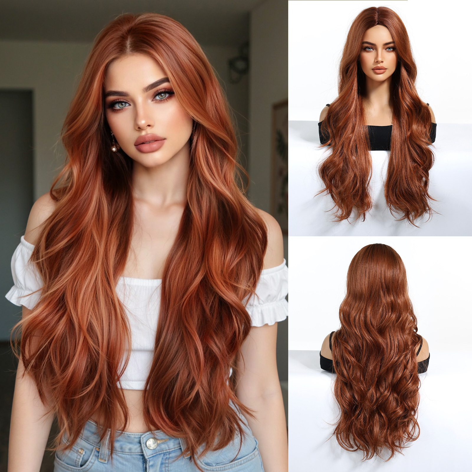 Peluca de moda para mujer, estilo transfronterizo, con raya en medio, castaño degradado, cabello largo rizado, ondas grandes, fibra mate resistente al calor, peluca completa.