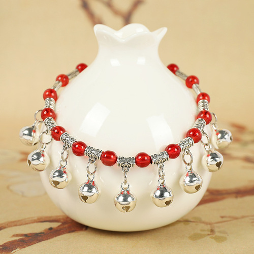 New red rope woven nine-bell crystal anklet that rings for women, high-end temperament, retro ethnic style hidden silver anklet