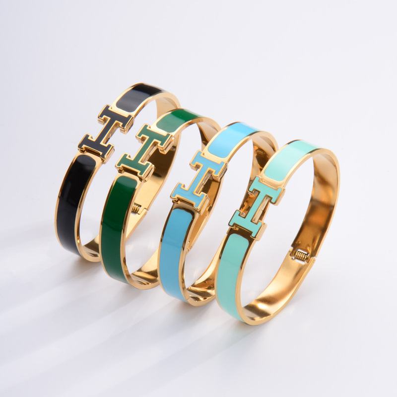 欧美潮流字母H宽窄版手镯子不锈钢镀18K金gold bangles wholesale|undefined