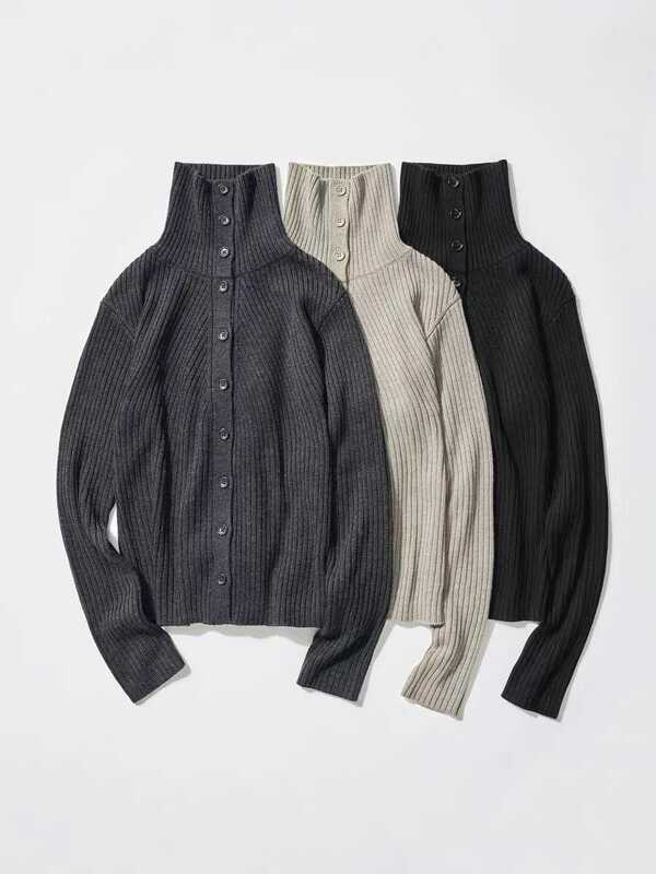 Women's Merino Wool Blended Turtleneck Lapel Knitted Cardigan Stand Collar Sweater Jacket 25 Autumn and Winter Style 480107