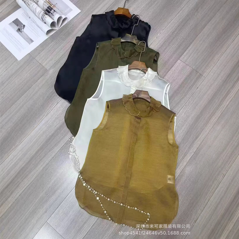 Lace Collar Silk Organza Sleeveless Top for Women, New Chinese Style, Retro Elegant, Casual Loose Slimming Shirt Lace Collar Silk Organza Sleeveless Top for Women, New Chinese Style, Retro Elegant, Casual Loose Slimming Shirt
