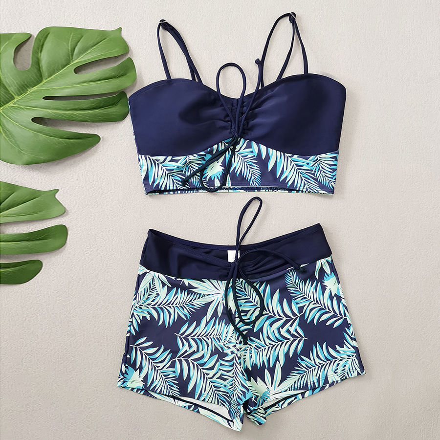High Waist Lace up Print Swimsuit for Women Split Boxer Style Solid Color Splicing Design European American Foreign Trade 2024 Large Size_ecoleips.com