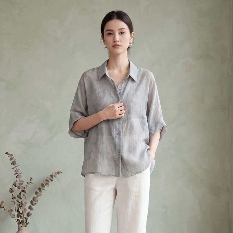 Summer Three-Quarter Sleeve Silk Shirt, Artistic Retro Pleated Mulberry Silk Shirt, Women's Lapel Niche Loose Top