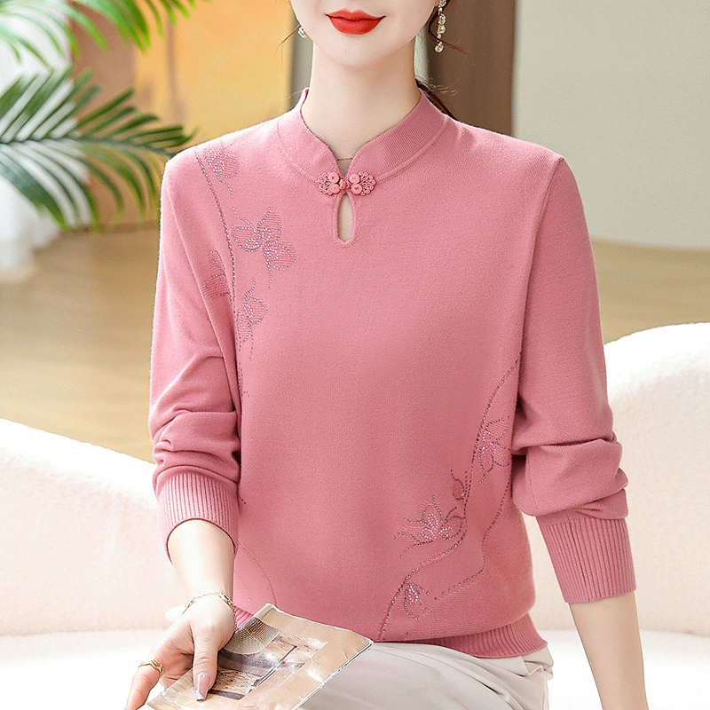 Мама, весна и осень, НОВАЯ Трикотажная нижняя рубашка с длинными рукавами, Топ для женщин среднего и пожилого возраста, элегантный подходящий ко всему свитер, тонкий свитер больших размеров