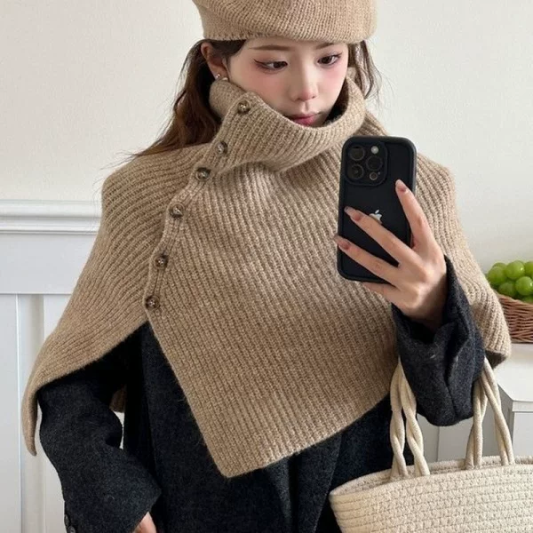 Winter Thickened New Stylish High-Neck Scarf Warm Korean Style Oversized Versatile Button Knit Outerwear