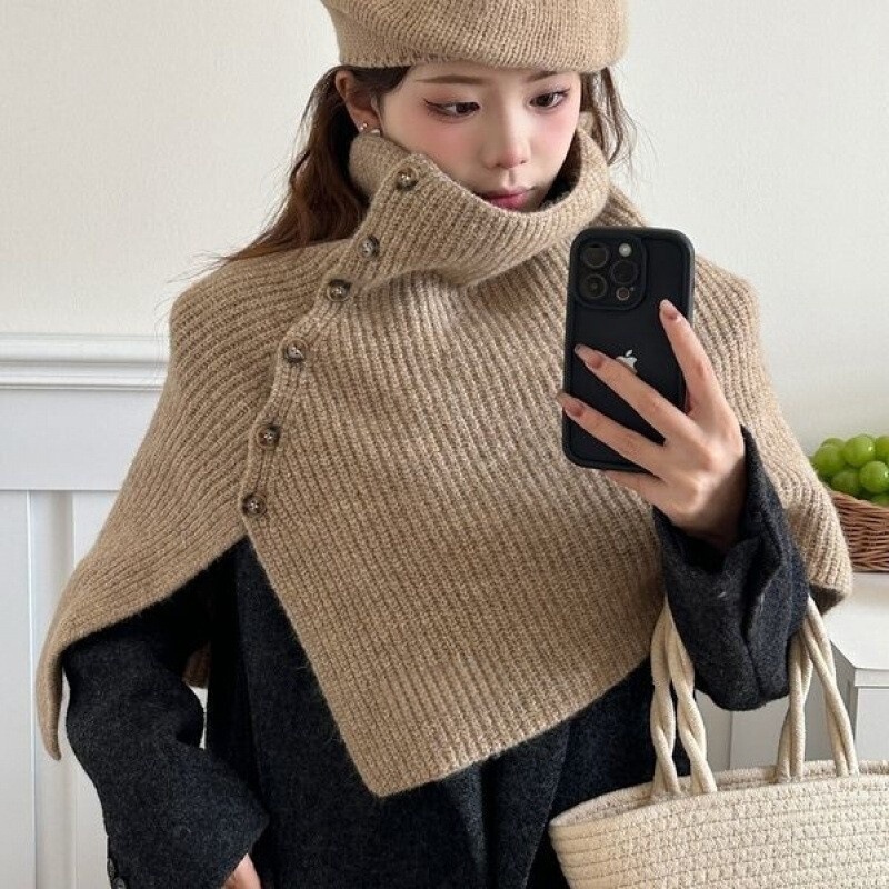 Winter Thickened New Stylish High-Neck Scarf Warm Korean Style Oversized Versatile Button Knit Outerwear Winter Thickened New Stylish High-Neck Scarf Warm Korean Style Oversized Versatile Button Knit Outerwear