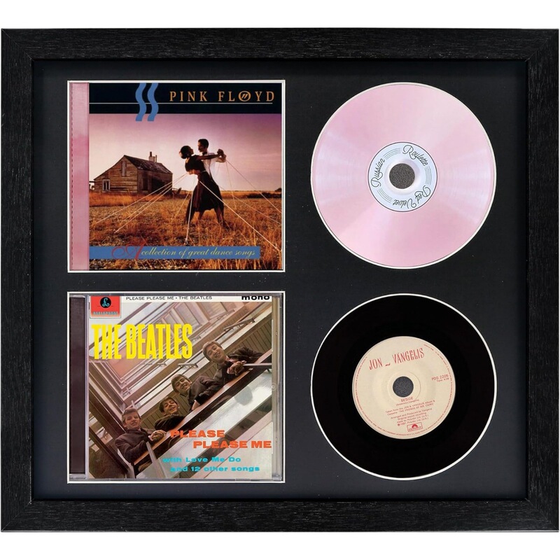 Black four-compartment record frame for two CDs, double vinyl storage, vintage music album collection wall-mounted decorative frame Black four-compartment record frame for two CDs, double vinyl storage, vintage music album collection wall-mounted decorative frame