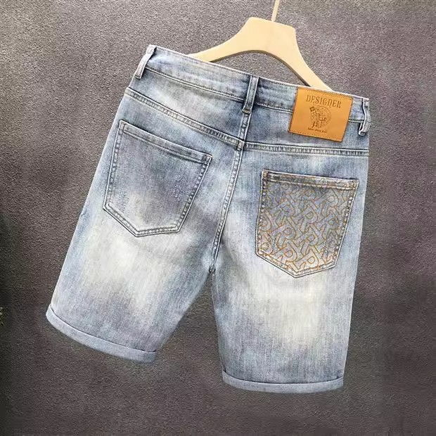 Light Blue Men's Distressed Denim Shorts High Waist Stylish Straight Leg Mid-Length Five Pocket Summer Trendy Clothing_mkmklike.com
