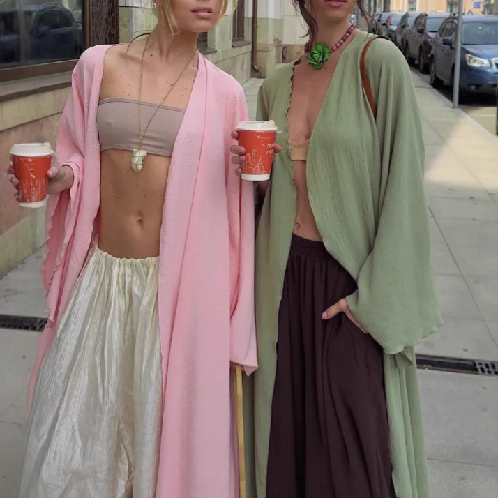 In-Stock Spring and Autumn New Solid Color Long Shirt Sun Protection Cardigan for Women, European and American Cross-Border Long Robe Jacket, Suitable for Both Home and Outdoor Wear