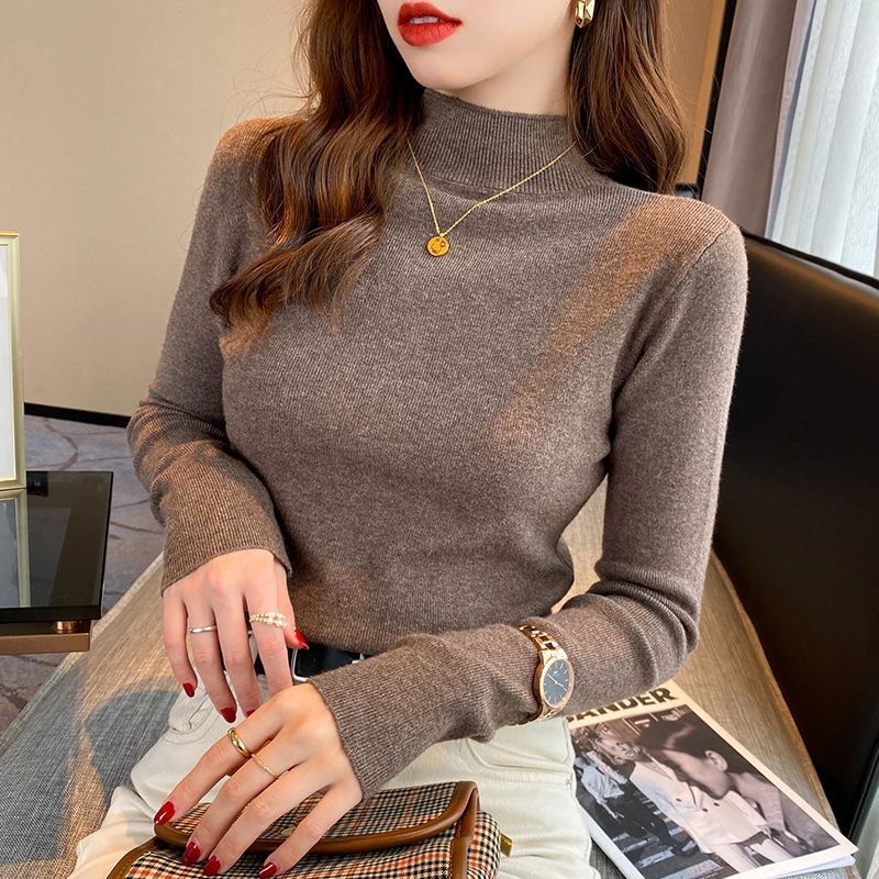 반 높이 칼라베이스 셔츠 여성용 긴팔 봄 가을 착용 내부 스웨터 올 매치 얇은 슬림 핏 슬리밍 서양식 니트 탑