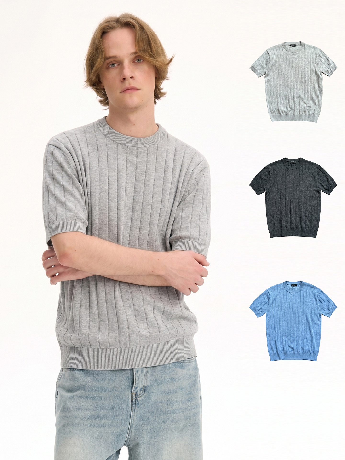 Row Light Luxury Jacquard Vertical Stripe Texture Casual Regular Fit Top Solid Color Round Neck Short Sleeve Knit T-Shirt Unisex