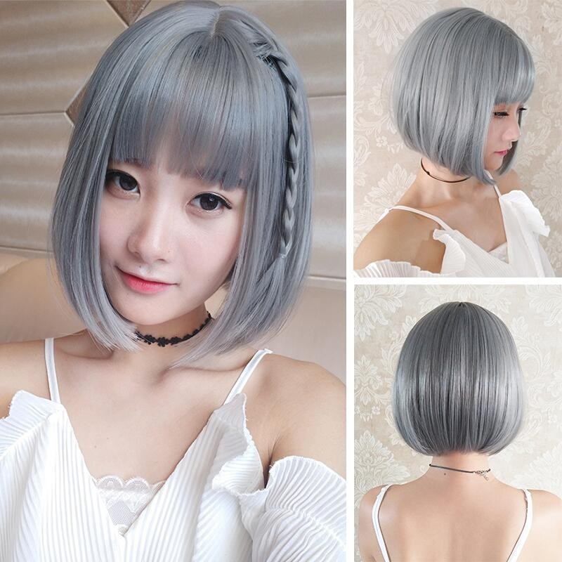 Peruca de cabello corto estilo de aire boquetes Bobo cabeza de perilla de cabello recto rojo cara redonda estilo de cabello clavícula gris