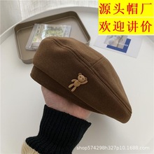 贝雷帽女秋冬日系毛呢卡通小熊画家帽大头围显脸小可爱学院风露04
