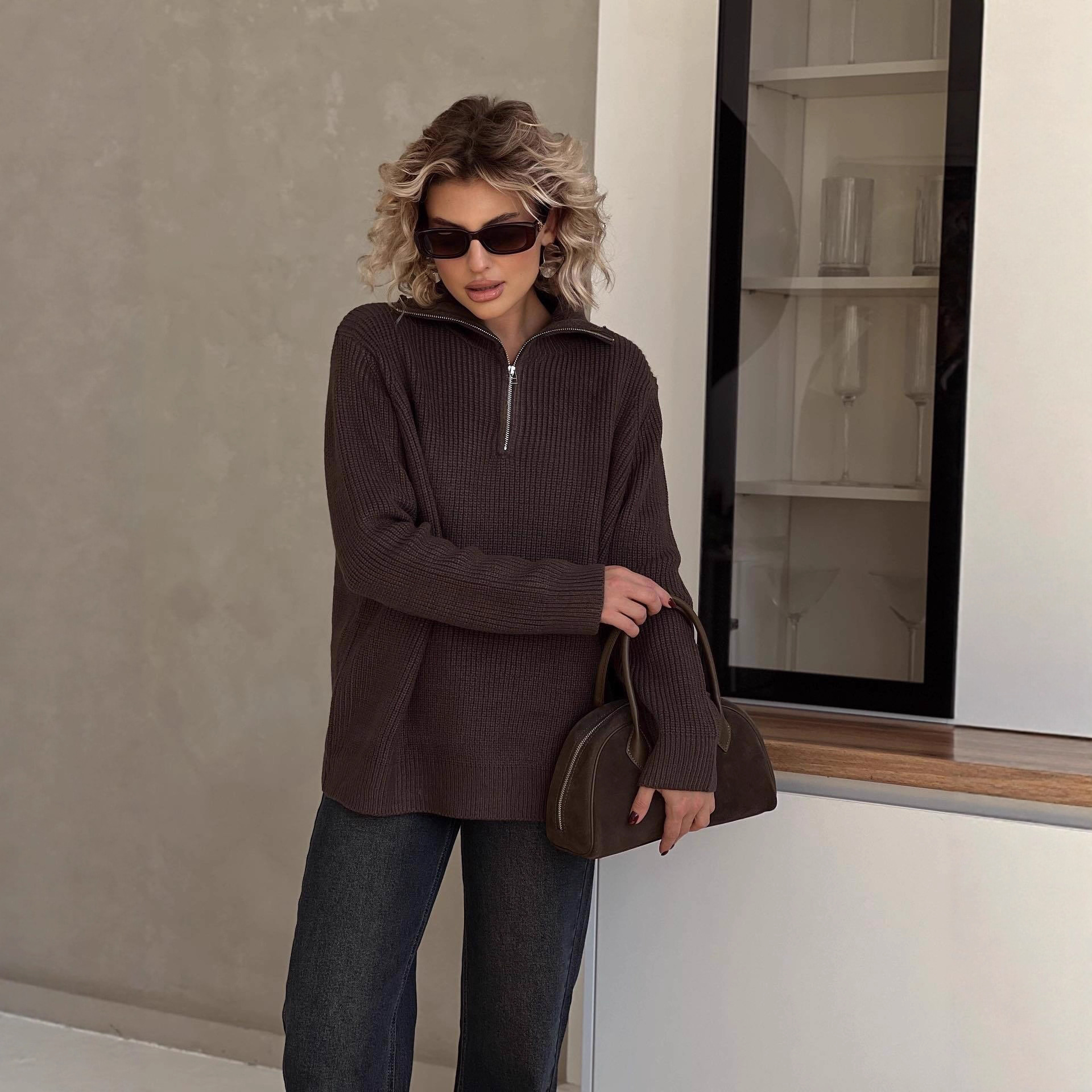 Pull minimaliste en maille ajourée (coupe décontractée, 78 % coton biologique, silhouette unisexe oversize, infroissable, esthétique scandinave)_voghion.com