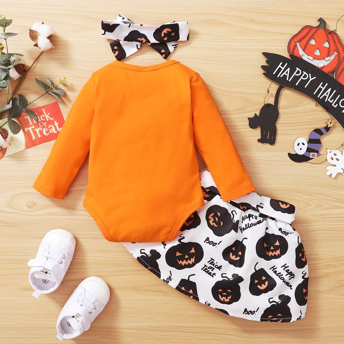 2022 Baby Girl Baby Halloween Suit Cute Foreign Letter Romper + Pumpkin Elf Skirt