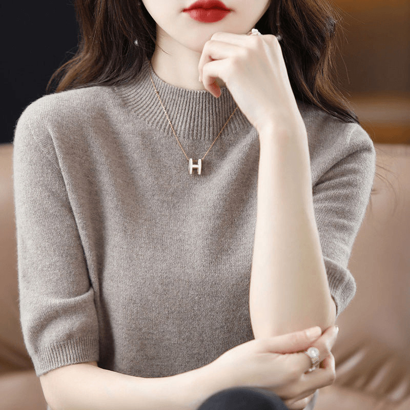 Elegant semi-high collar casual sweater women's 2023 spring new solid color inner half sleeve base sweater T-shirt
