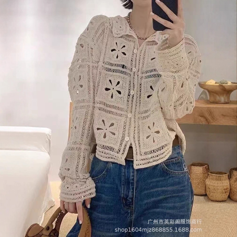 French-Style Retro Crochet Hollow Solid Color Cardigan for Women, Early Autumn New Style, Turn-Down Collar, High-End Versatile, Age-Reducing Slim-Fit Top