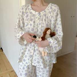 韩国ins女士秋季新品韩系舒适双层加厚棉纱紫茉家居服睡衣套装女