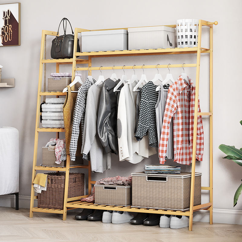 Simple Room Floor-Standing Household Clothes Rack Bamboo Coat Rack Storage Clothes Rack Vertical Wardrobe Bedroom