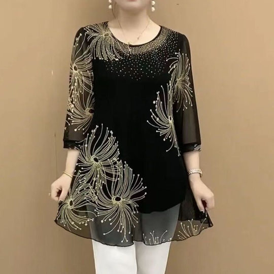Mother's Summer Dress plus size Round Neck Loose Small Shirt High Elastic Mesh Print New Elegant Slim Look Long T-Shirt