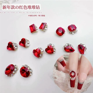 网红爆款复古波多尔红美甲堆钻大红色美甲钻超闪歪心斧头成品堆钻