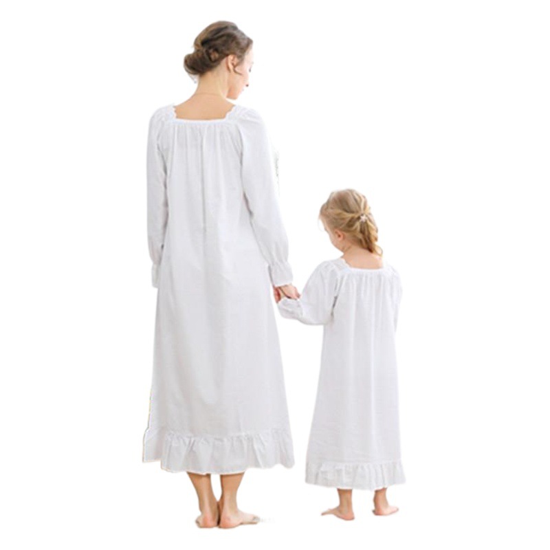 Girls' long-sleeved square collar woven cotton parent-child wear mother-and-daughter loose long princess nightdress pajamas home wear
