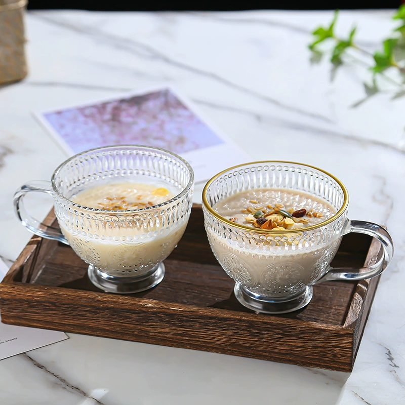 Ретро-стеклянная кружка с рельефным узором под подсолнух, для дома, с ручкой, большой емкости, для воды, овсянки, для заваривания напитков