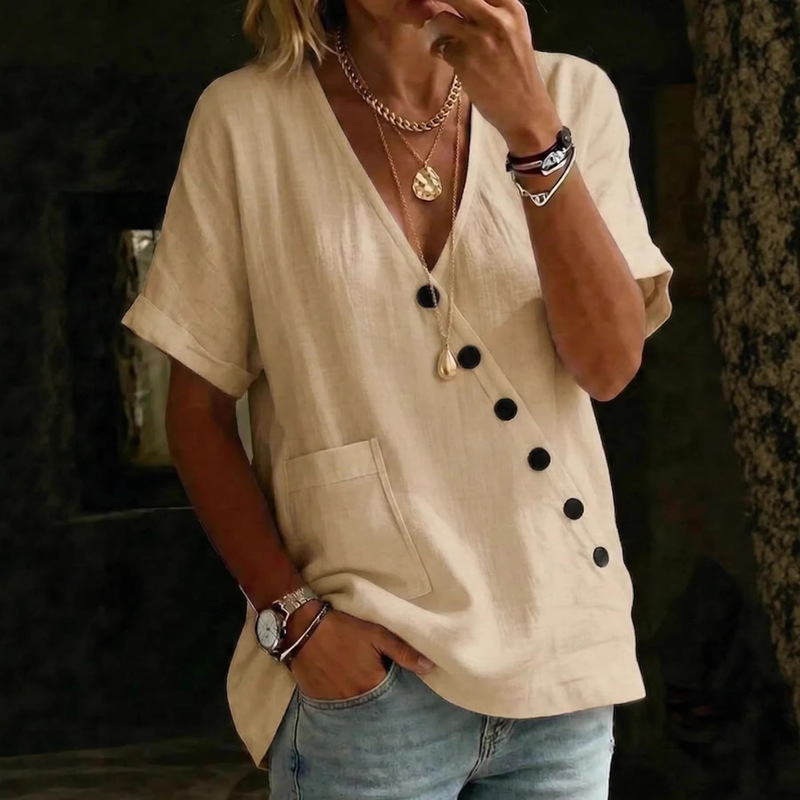 Amazon's New 2026 Foreign Trade Women's Shirt Top V-Neck Solid Color Casual Comfortable Buttoned Cotton and Linen Shirt