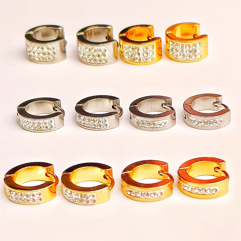 Korean Style Stainless Steel Diamond Earrings Super Wide 3 Row Diamond Double Row Diamond Ear Buckle Diamond Clay Earrings DIY Earrings