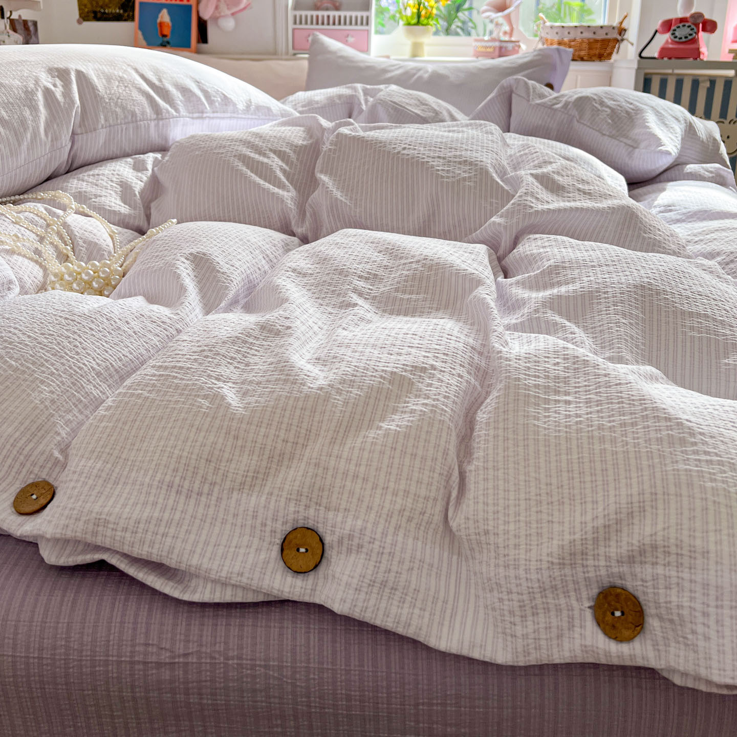 2026 primavera y verano nuevo no impresa Feng Shui lavado jacquard botón cuatro piezas dormitorio de estudiantes 1,2 metros cama tres piezas