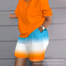 APU4795A7系列女装欧美新款印花短袖休闲套装 上衣+短裤 套装