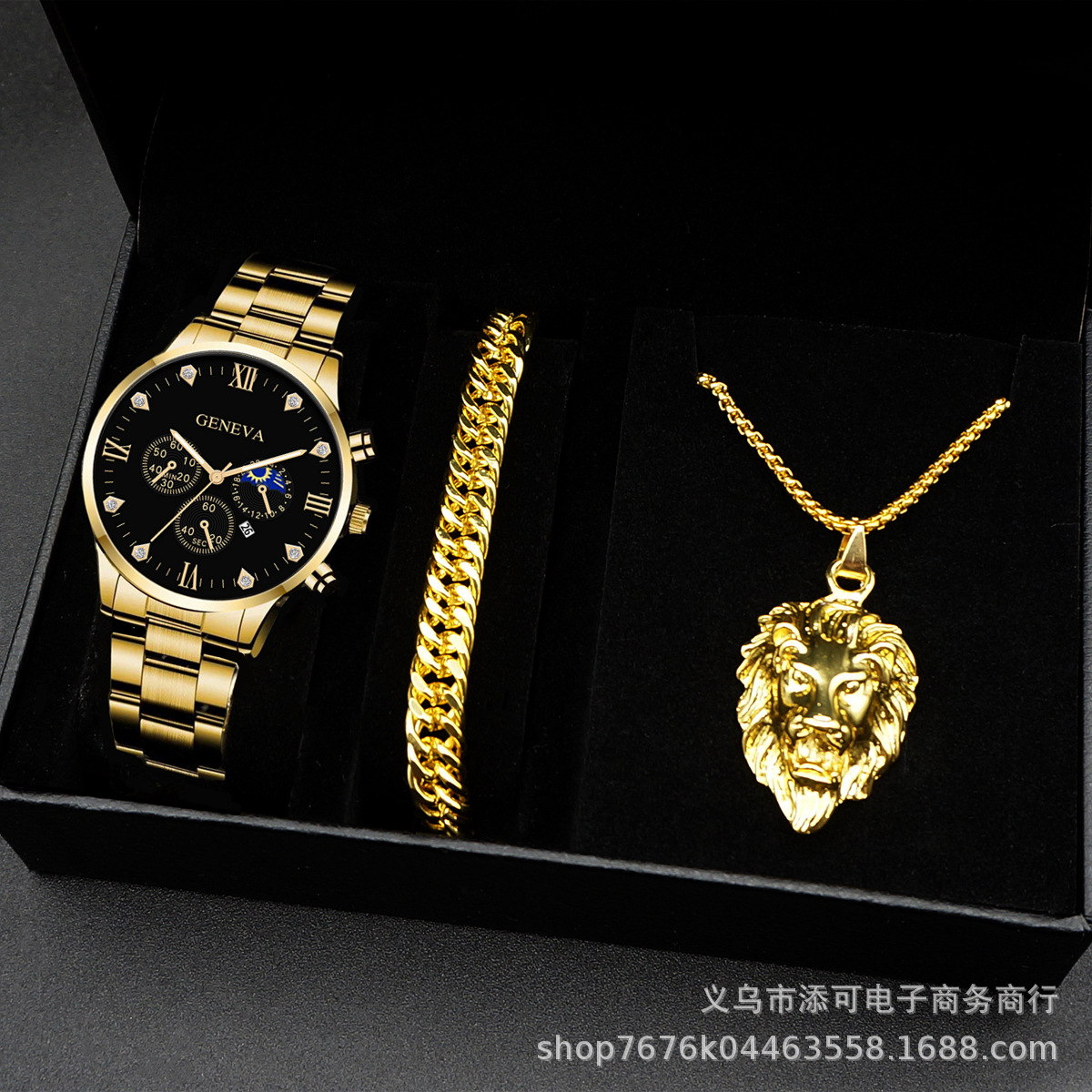 Men's Steel Band Watch with Calendar Set, Vintage Style Lion Head Pendant Necklace and Bracelet, Trendy Foreign Trade Brand